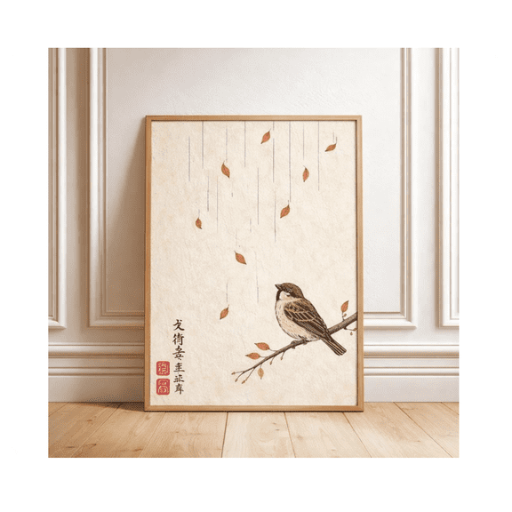 Minimal Bird Illustration With Falling Leaves Neutral Cream Background Zen Home Decor Poster