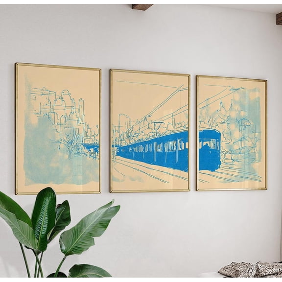 Minimal Blue Line Train Abstract Urban Railway Wall Art, Stretched Canvas