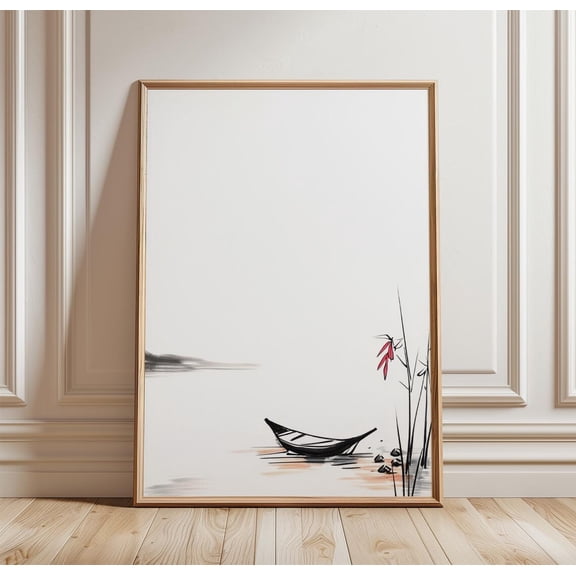 Minimal Boat Zen Ink Landscape Japanese Style Wall Decor Unframed Paper Print
