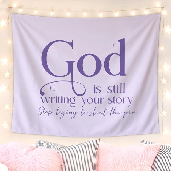 Minimal Boho Christian Faith Tapestry, Pale Lavender God Is Still Writing Your Story Quote Wall Hanging for Cottage & Teen Bedroom Decor