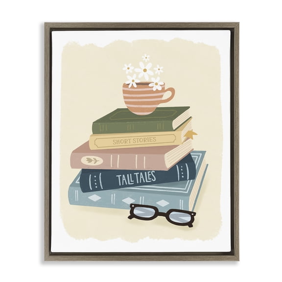 Stupell Industries Minimal Book Stack with Glasses Brown Framed Floater Canvas Wall Art, design by Sandra Picco, 31 x 25