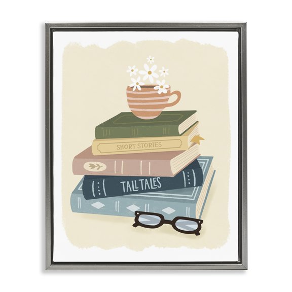 Stupell Industries Minimal Book Stack with Glasses Gray Framed Floater Canvas Wall Art, design by Sandra Picco, 31 x 25