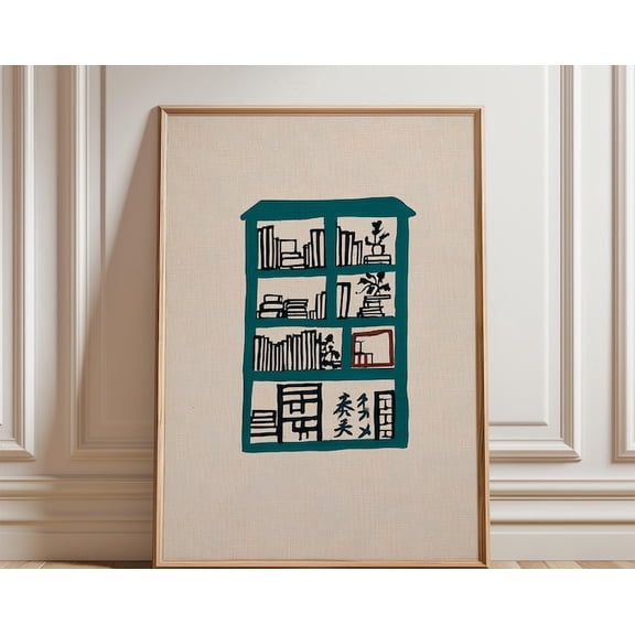 Minimal Bookshelf Illustration Teal Line Library Modern Wall Art Print, Unframed Paper Poster 11x14in