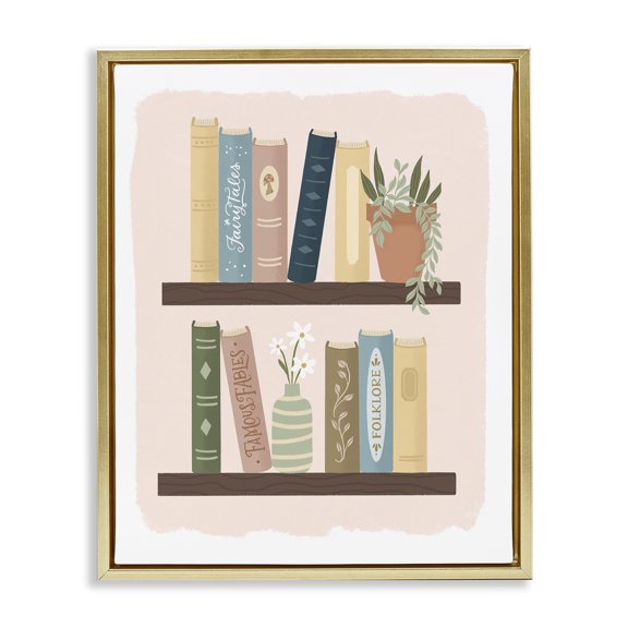 Stupell Industries Minimal Bookshelves with Plant Gold Framed Floater Canvas Wall Art, design by Sandra Picco, 21 x 17