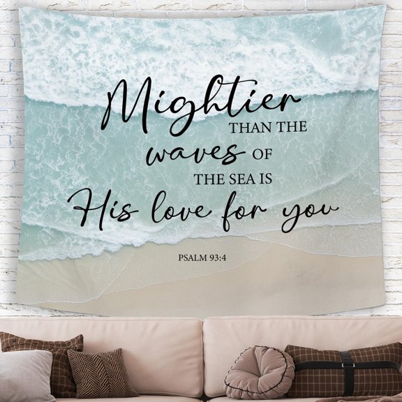 Minimal Coastal Faith Tapestry, Mint Foamy Ocean Waves Comforting Wall Hanging for Farmhouse & Beach Dorm Decor