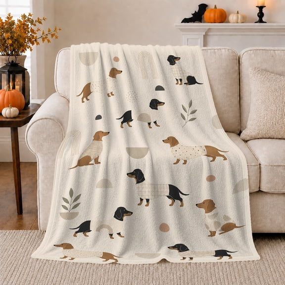 Minimal Dachshund Dogs with Leaf Sprigs, Calm Modern Style for Dog Lovers, Neutral Wiener Dog Pattern and Pet Adoption Gift, Soft Flannel Blanket for Bedroom and Living Room, Home Decor