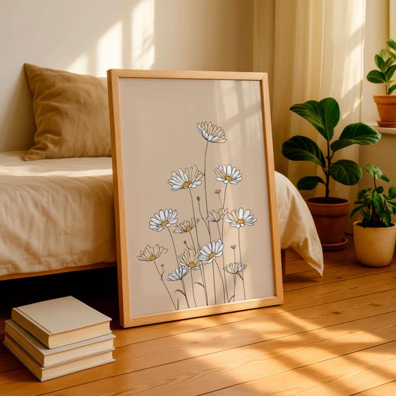 Minimal Daisy Line Illustration Soft Neutral Floral Artwork Gentle Modern Decor For Light Spaces, Unframed Canvas