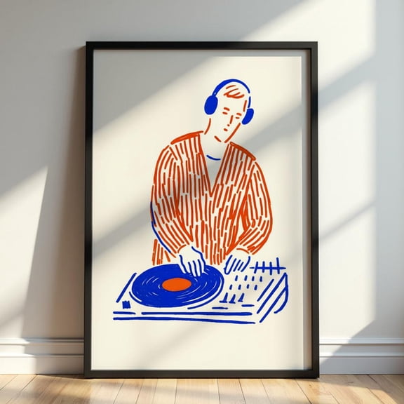 Minimal Dj Print Wall Art Modern Vinyl Music Poster Contemporary Turntable Line Illustration