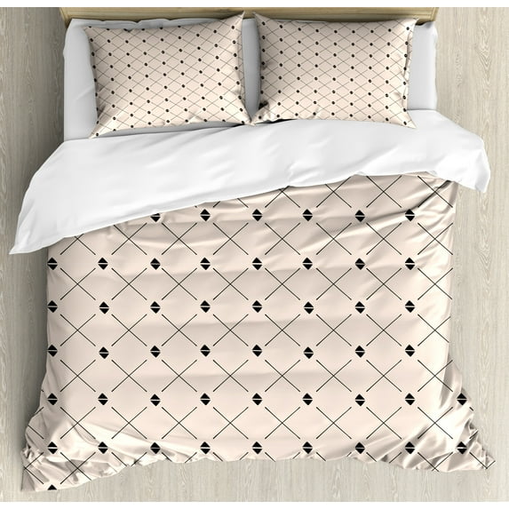 Minimal Duvet Cover Set, Repetitive Abstract Symmetric Pattern of Crossing Lines and Triangles, Decorative 3 Piece Bedding Set with 2 Pillow Shams, Calking Size, Champagne Charcoal Grey, by Ambesonne