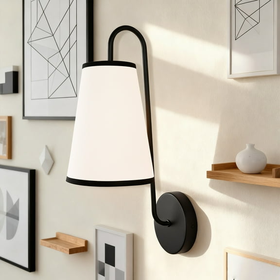 Minimal Elegant Black Sconce, Modern White Linen Shade Sconce for Bedroom, Living Room, Bathroom