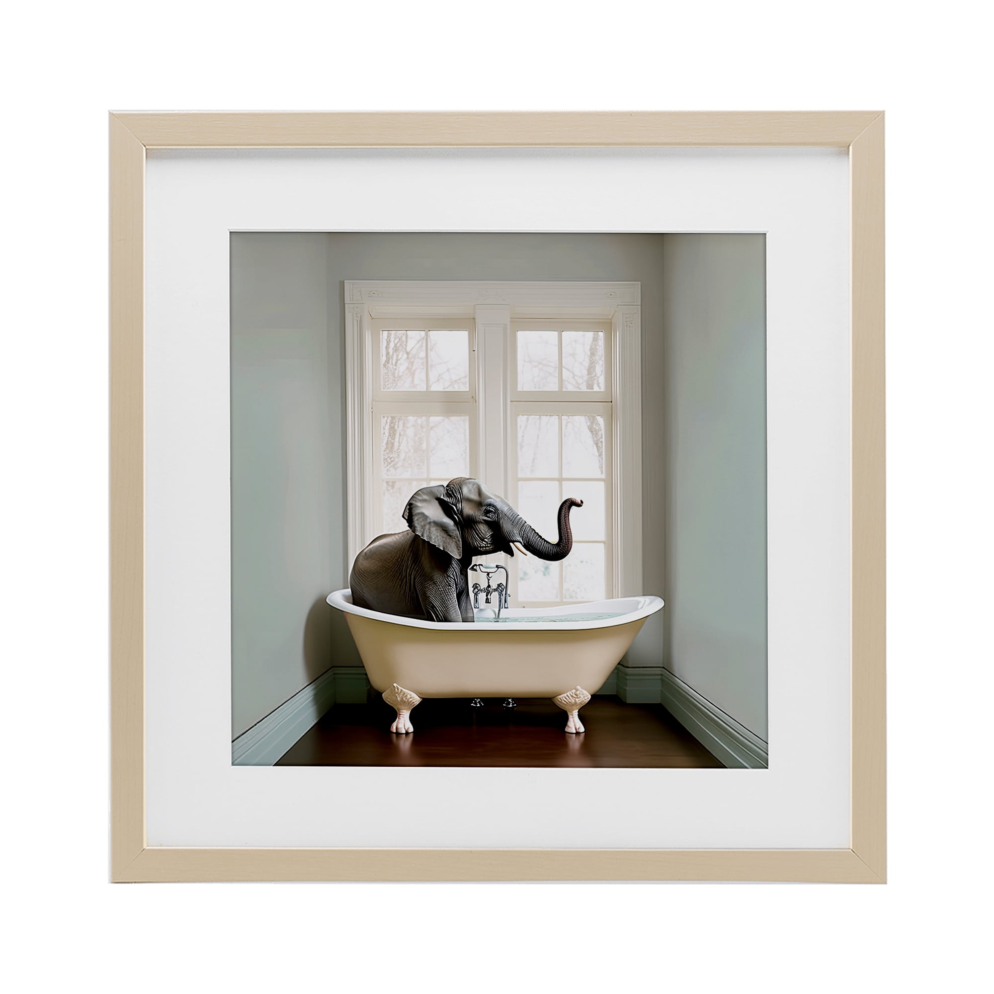 Minimal Elephant Bathtime Birch Framed Print Under Glass, design by Sasha