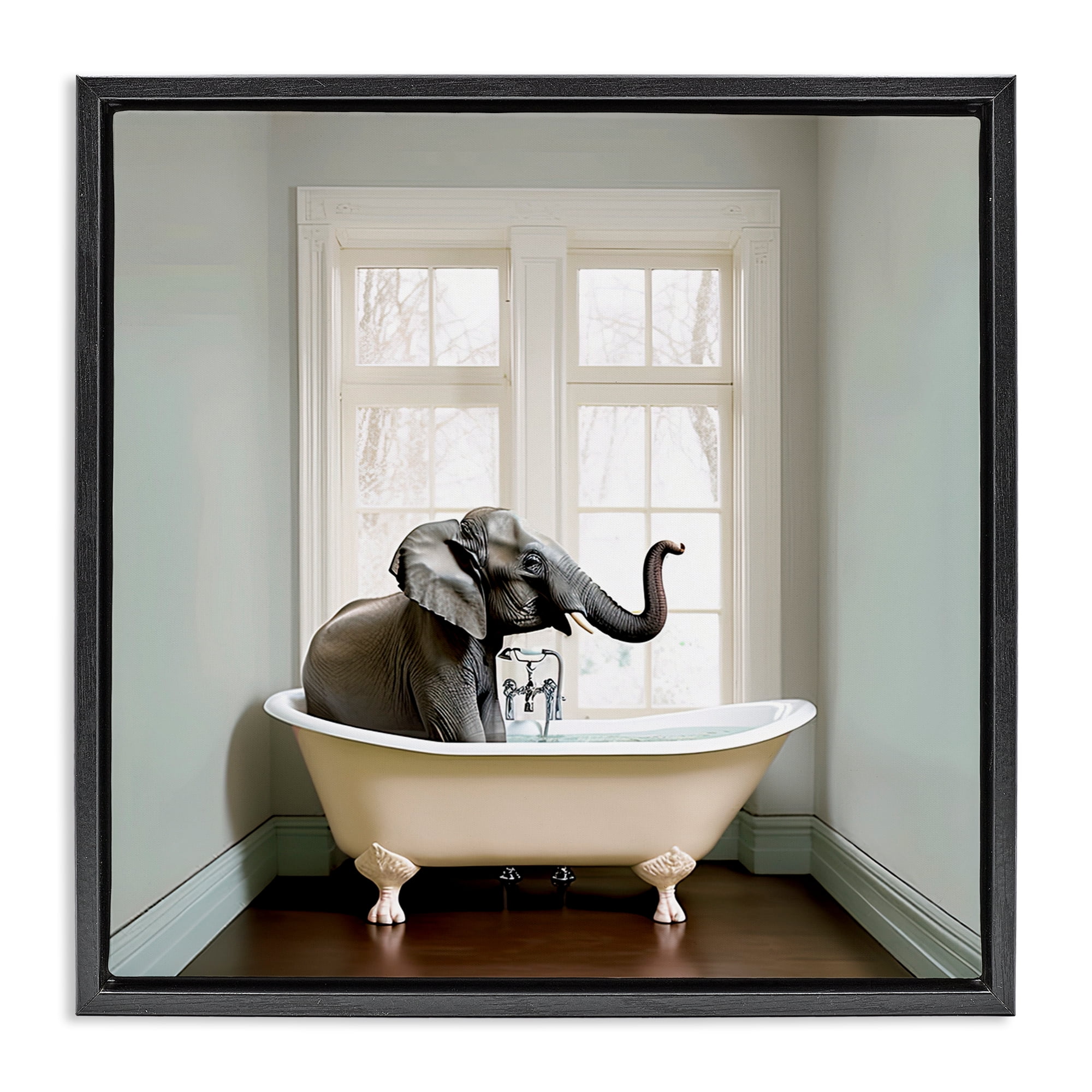 Minimal Elephant Bathtime Black Framed Floater Canvas Wall Art, design by Sasha