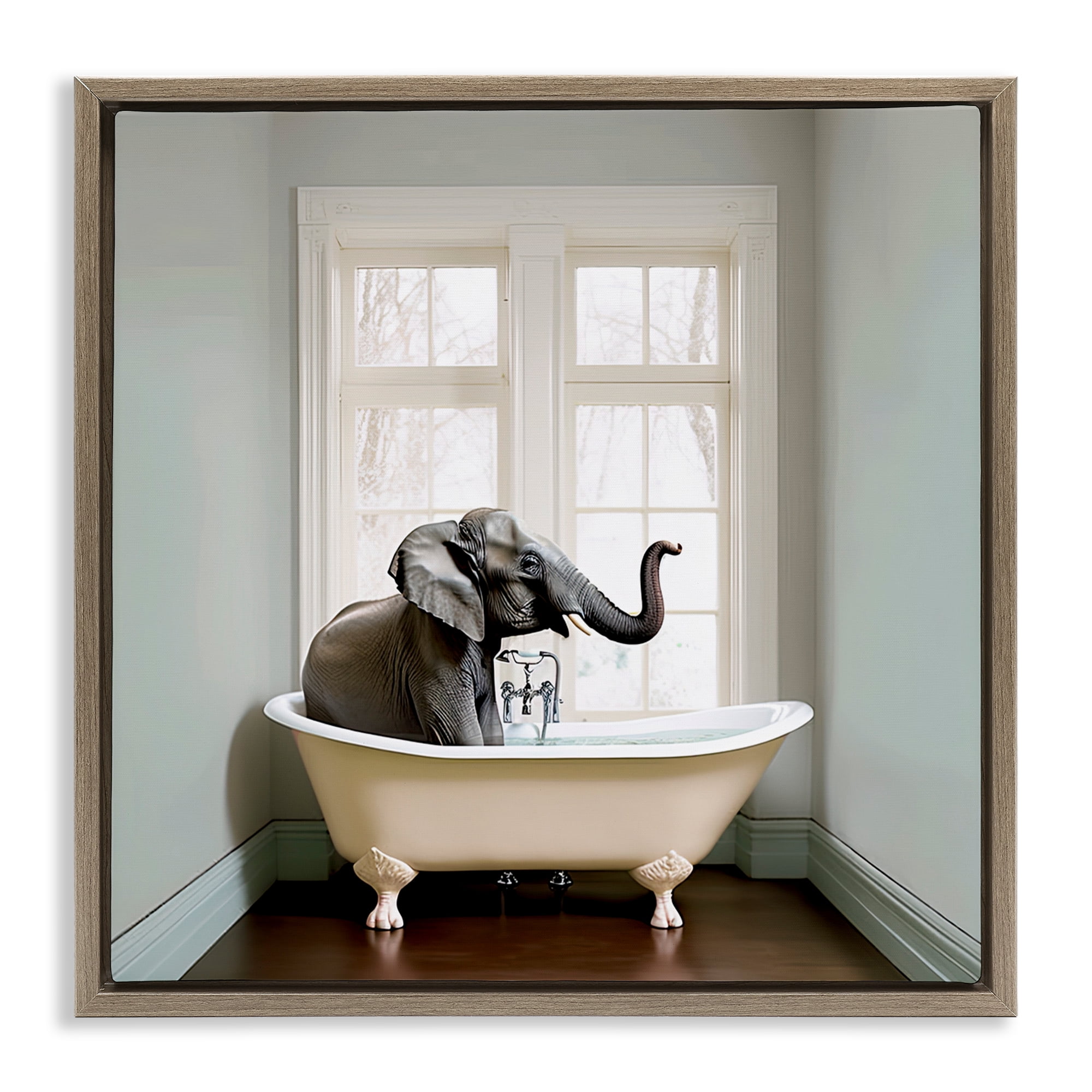Minimal Elephant Bathtime Brown Framed Floater Canvas Wall Art, design by Sasha