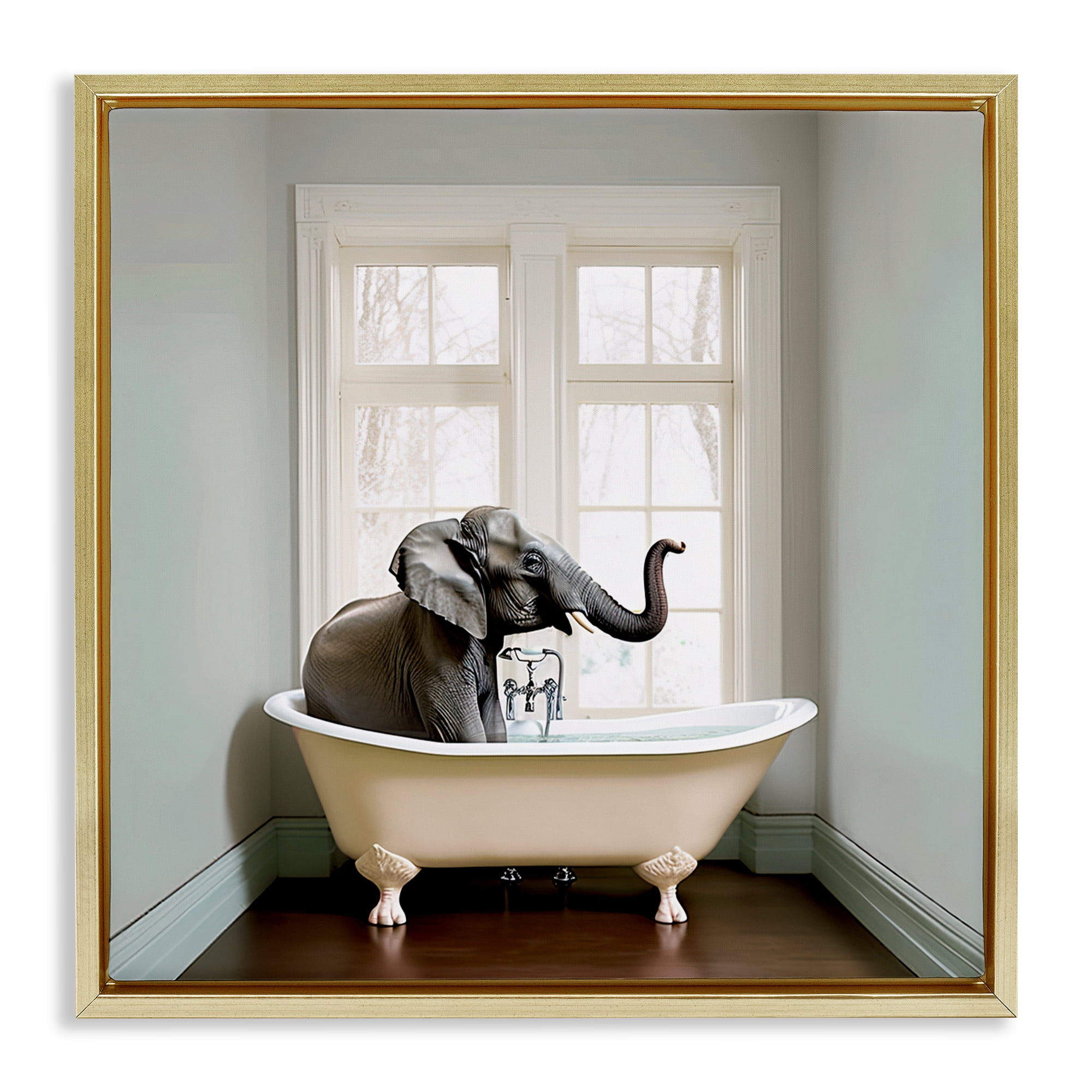Minimal Elephant Bathtime Gold Framed Floater Canvas Wall Art, design by Sasha