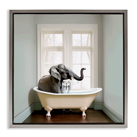 Minimal Elephant Bathtime Gray Framed Floater Canvas Wall Art, design by Sasha