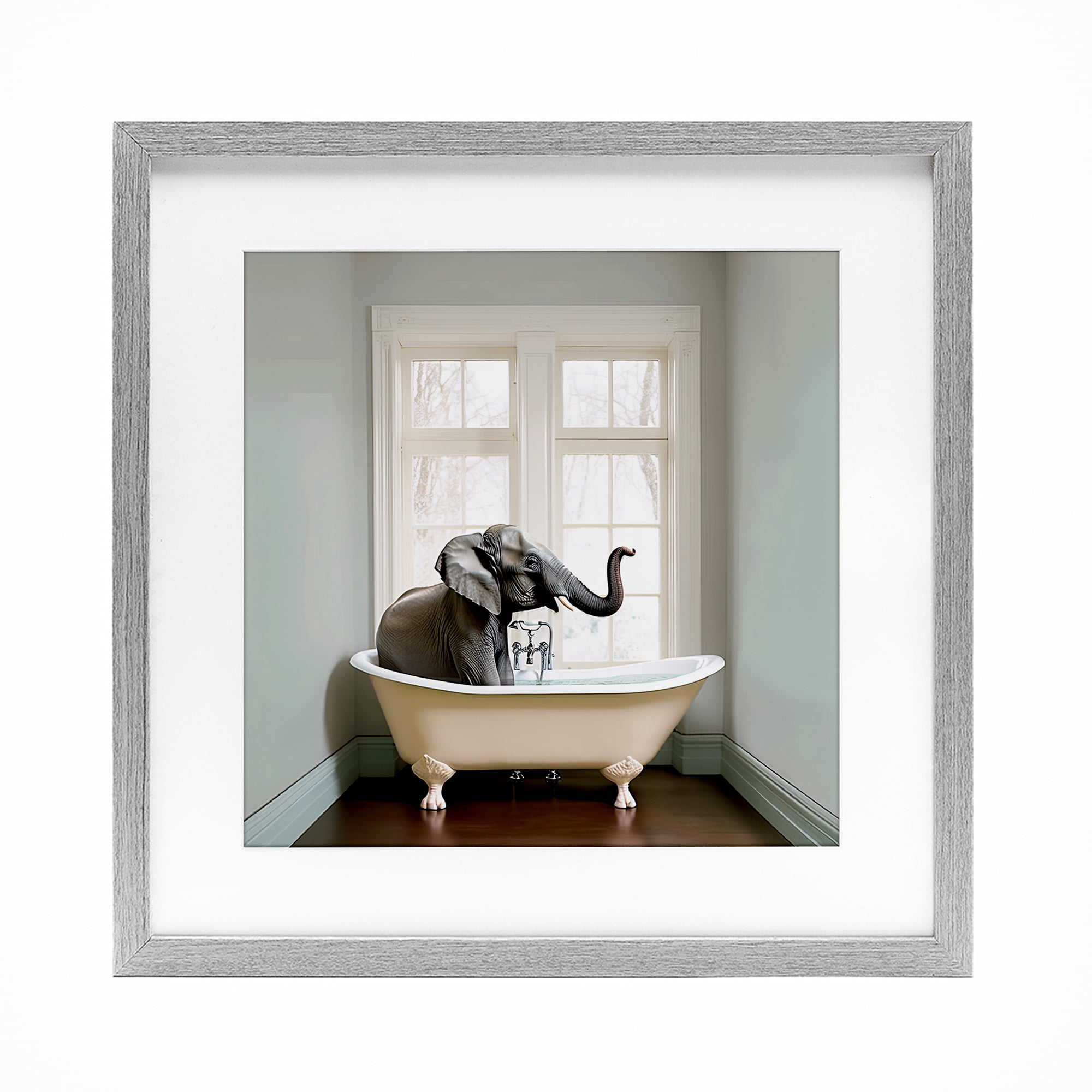 Minimal Elephant Bathtime Gray Framed Print Under Glass, design by Sasha