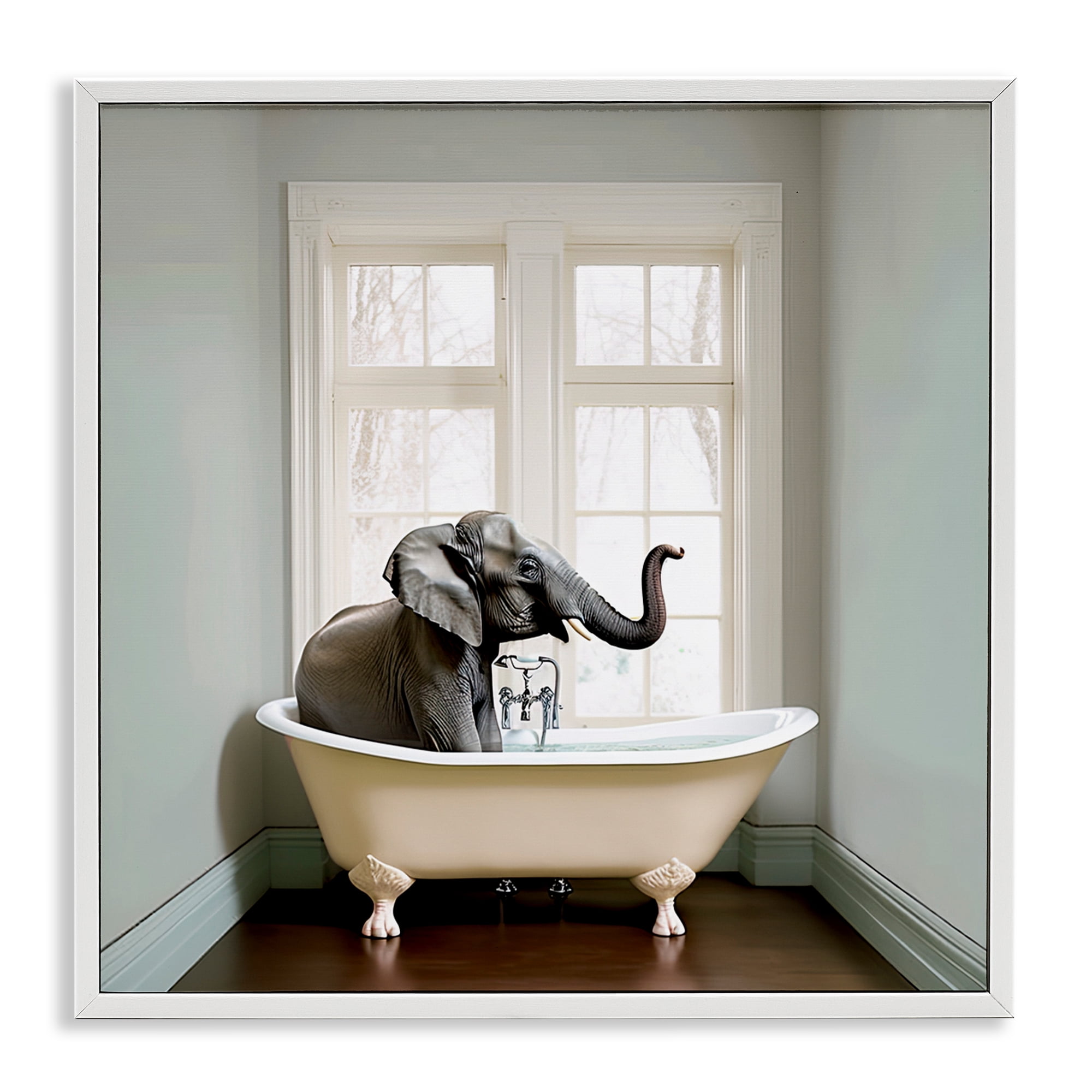 Minimal Elephant Bathtime White Framed Giclee Art, design by Sasha