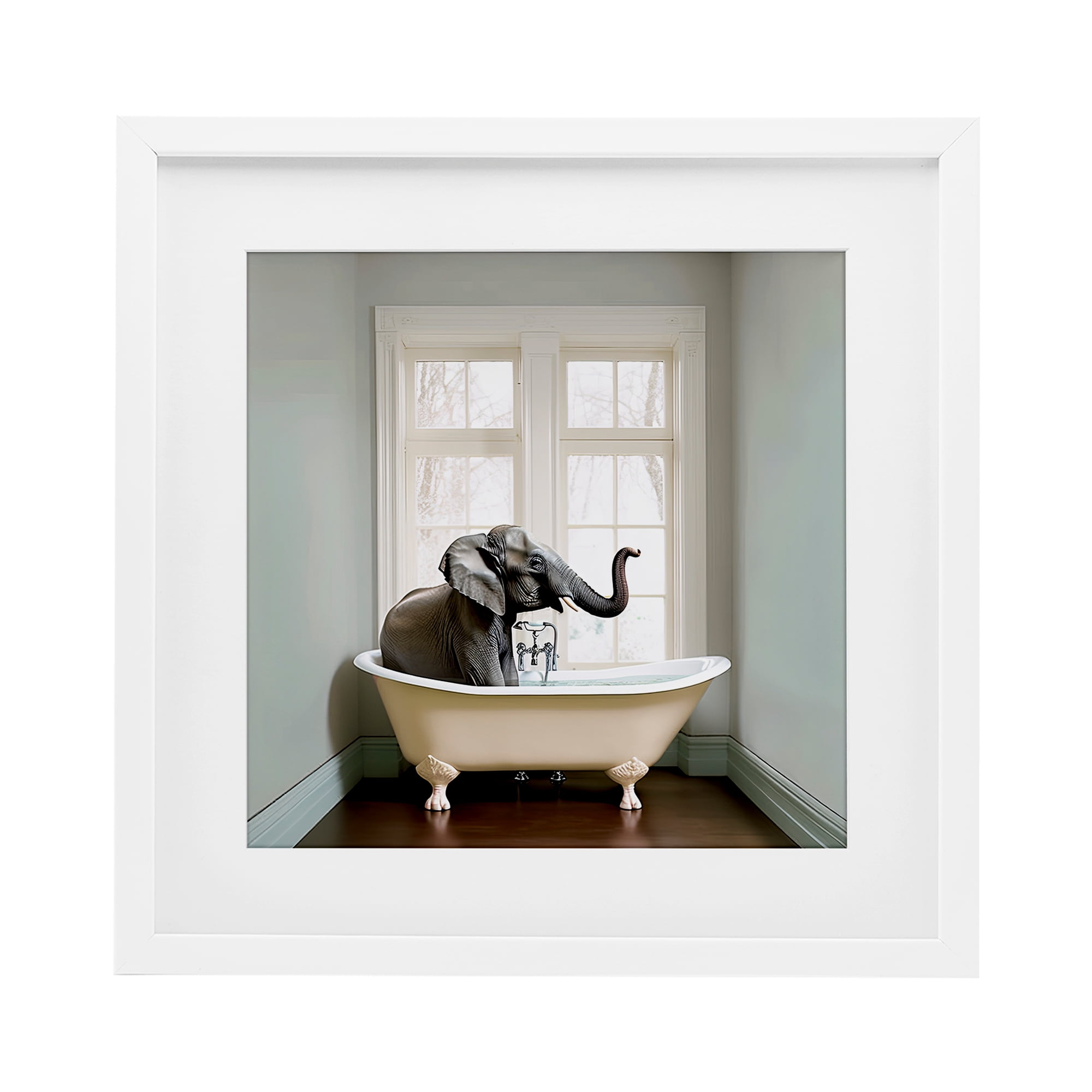 Minimal Elephant Bathtime White Framed Print Under Glass, design by Sasha
