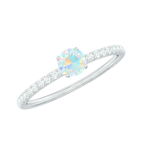 Rosec Jewels Minimal Ethiopian Opal Solitaire Promise Ring with Diamond for Women - AAA Grade, 18K White Gold, US 8.00