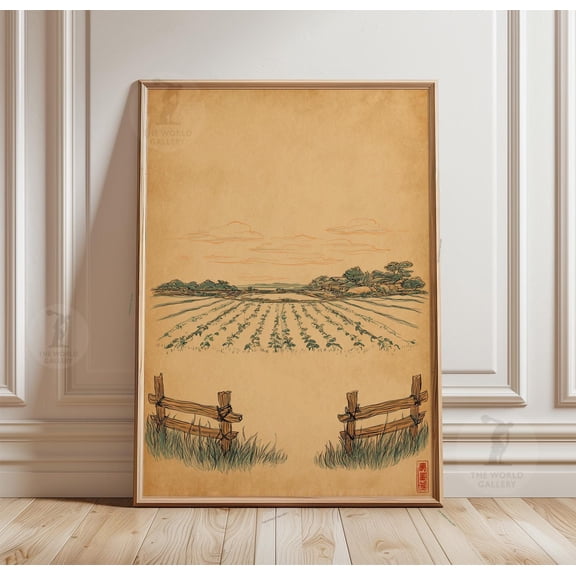 Minimal Farm Poster Rustic Landscape Line Art Field View Print