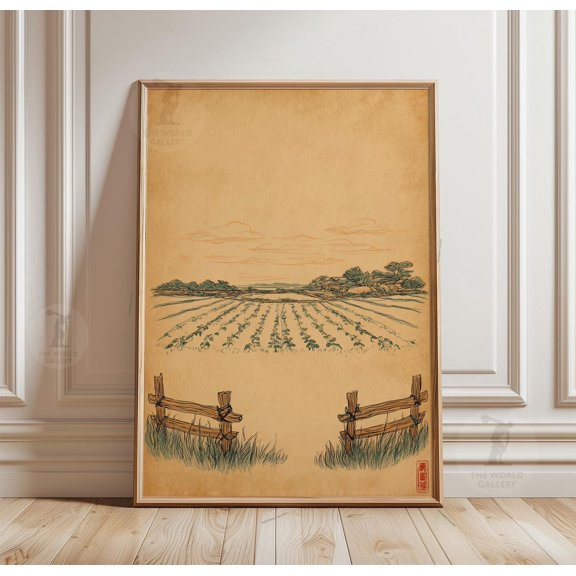 Minimal Farm Poster Rustic Landscape Line Art Field View Wall Decor, Unframed Poster