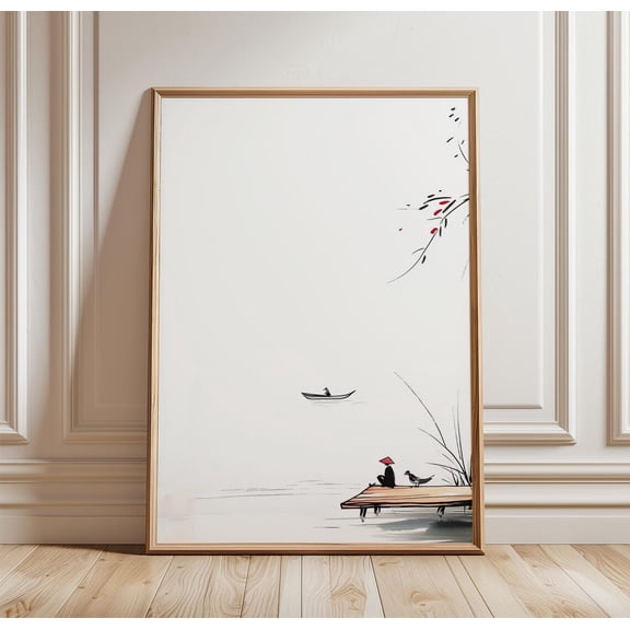 Minimal Fisherman Poster Japanese Ink Style Lake Art Calm Neutral, Unframed Poster
