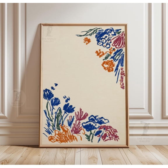Minimal Folk Floral Border Colorful Botanical Nature Wall Art Unframed Paper Print