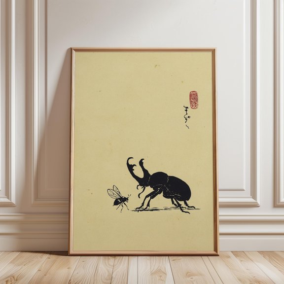 Minimal Ink Beetle Silhouette Japanese Insect Home Wall Art Print, Unframed Paper Poster 8x10in