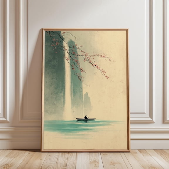 Minimal Japanese Boat On Calm Lake Waterfall Landscape Wall Art Print Zen Nature Decor, Unframed Paper Print