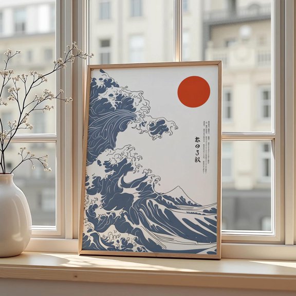 Minimal Japanese Wave Poster Red Sun Ukiyoe Style Wall Art