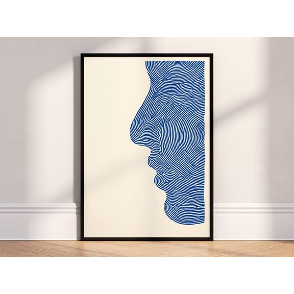 Minimal Line Face Blue Profile Art Poster Unframed Paper Print