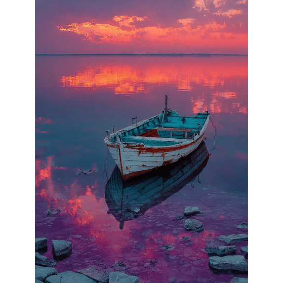 Minimal Lone Boat Sunset Canvas Print, Tripline Landscape Art, Multi-Room Cafe Hotel Bathroom Wall Decor