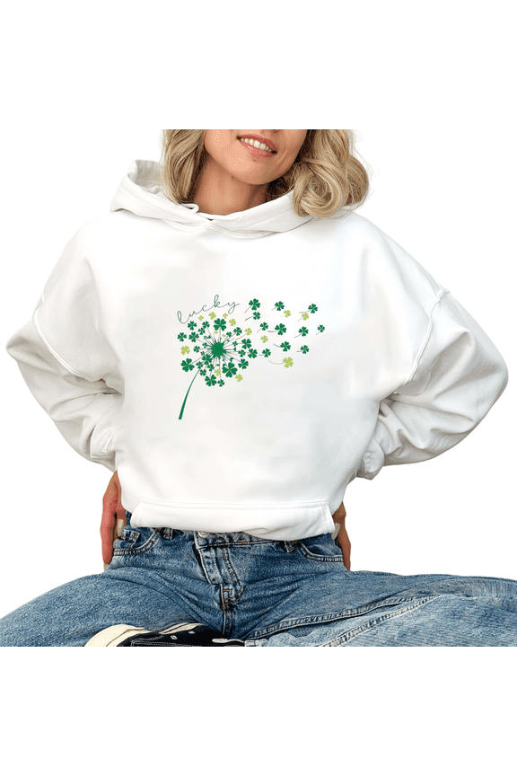 Lucky Clover Dandelion Print hoodie Graphic Sweatshirt White S-2XL Womens St Patricks Day Casual Holiday Tops