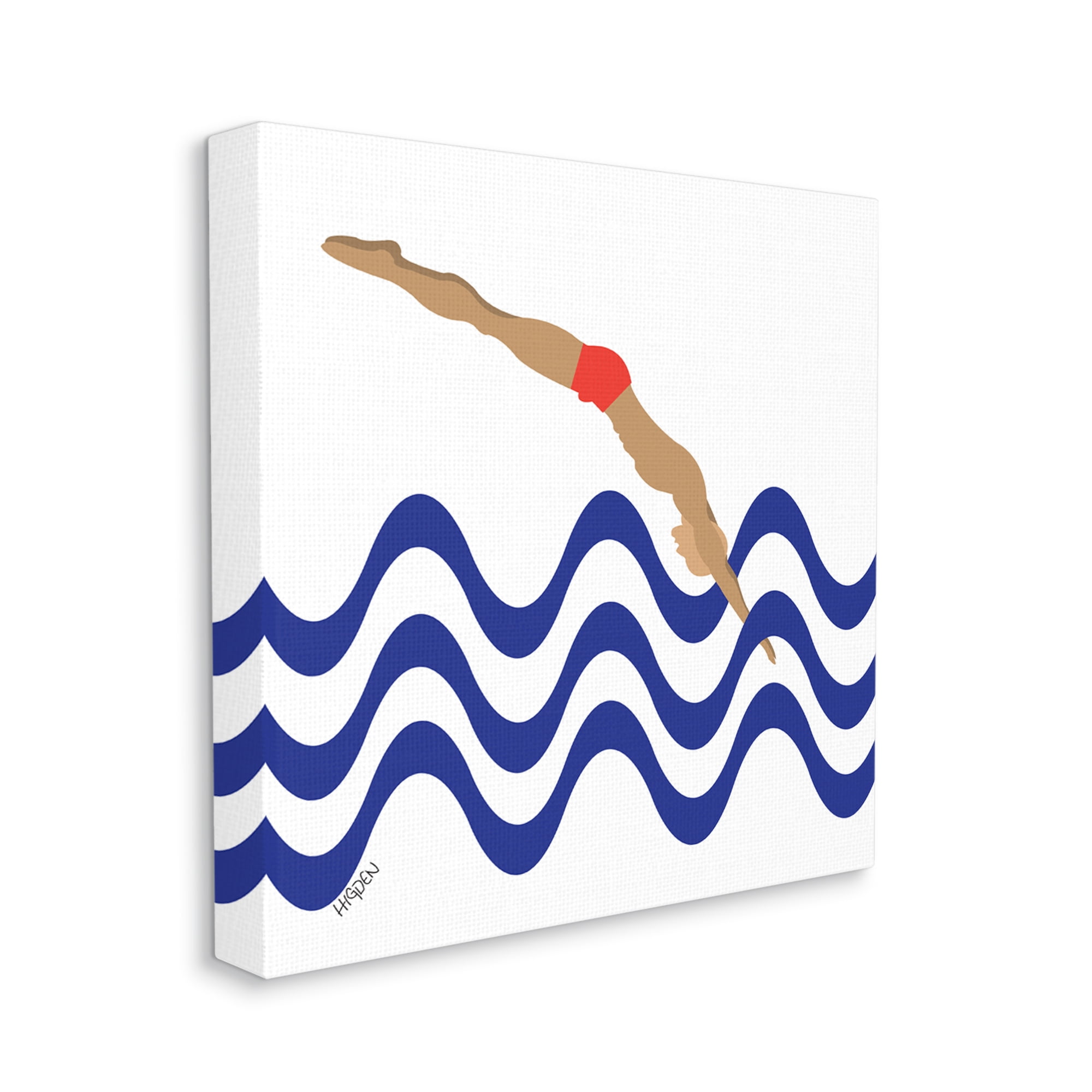Minimal Male Diver Abstract Blue Nautical Waves Sports Gallery-Wrapped Canvas Print Wall Art, 17x17