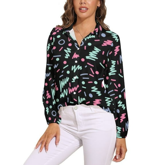 Minimal Memphis 80s Style Pattern Long Sleeve Blouse Woman Streetwear Casual Shirts Summer Oversize Woman Streetwear Clothing Birthday Present