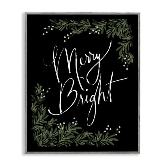 Stupell Industries Minimal Merry & Bright with Botanicals Gray Framed Giclee Art, design by Dogwood Portfolio, 30 x 24