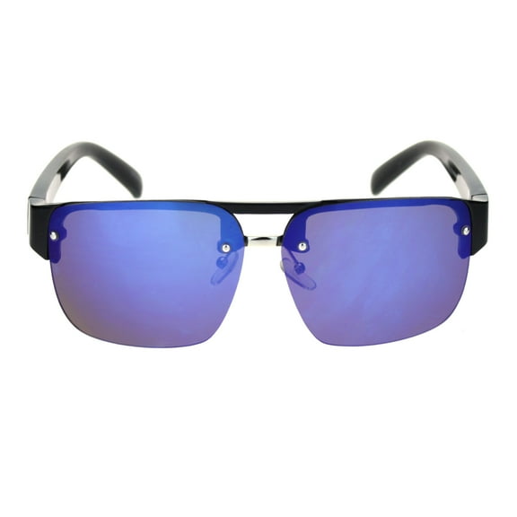 Minimal Mod Rectangular Half Rim Mens Plastic Designer Sunglasses Black Blue Mirror