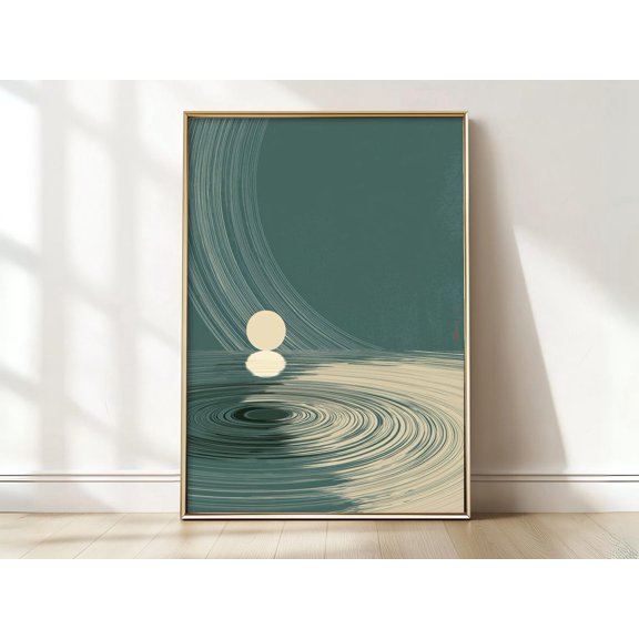 Minimal Moon Abstract Ocean Wall Art Japanese Zen Landscape Calm Ripple Artwork, Unframed Paper Print