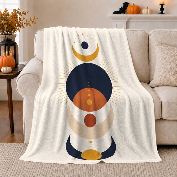 Minimal Moon Phase Totem on Cream, Mystical Modern Style for Astrology Lovers, Boho Celestial Symbol Pattern and Housewarming Gift, Cozy Flannel Blanket for Bedroom and Reading Nook, Home Decor