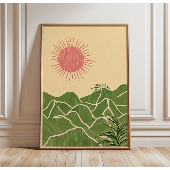 Minimal Mountain Poster Asian Landscape Wall Art Sun Over Hills Art, Unframed Poster