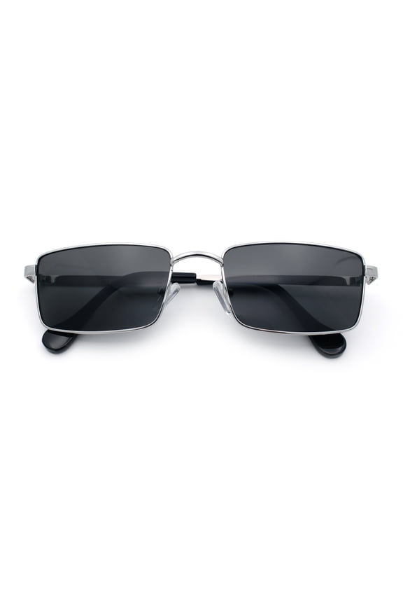 Minimal Narrow Rectangle Metal Rim Dad Fashion Sunglasses Silver - Black