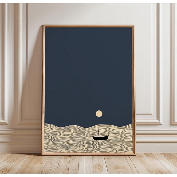 Minimal Ocean Night Poster Moonlit Sea Boat Abstract Line Art, Unframed Poster
