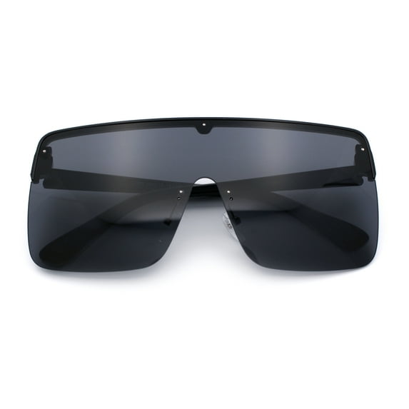 Minimal Oversized Half Rim Shield Flat Top Plastic Mafia Mogul Sunglasses All Black