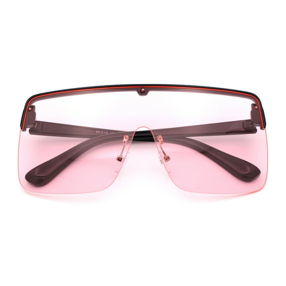 Minimal Oversized Half Rim Shield Flat Top Plastic Mafia Mogul Sunglasses Black - Pink