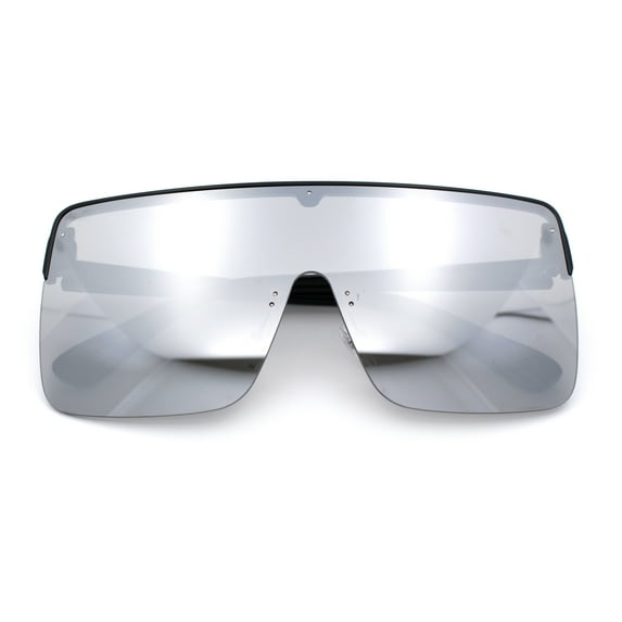 Minimal Oversized Half Rim Shield Flat Top Plastic Mafia Mogul Sunglasses Black - Silver Mirror