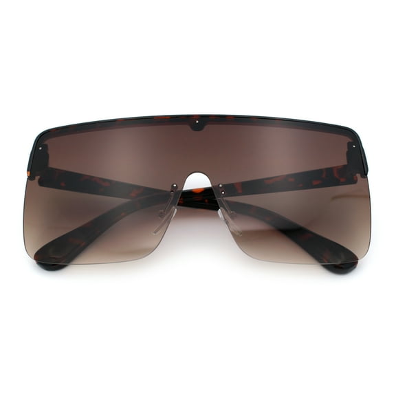 Minimal Oversized Half Rim Shield Flat Top Plastic Mafia Mogul Sunglasses Tortoise - Brown