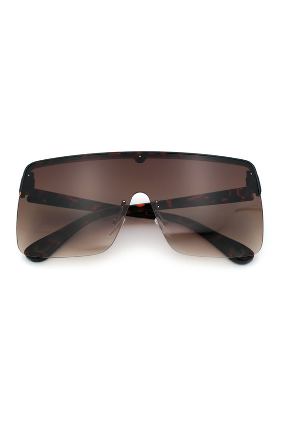 Minimal Oversized Half Rim Shield Flat Top Plastic Mafia Mogul Sunglasses Tortoise - Brown