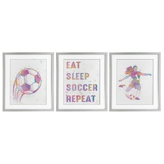 Stupell Industries Minimal Pastel Girl's Soccer 3 Piece Gray Framed Print Under Glass Set, design by Marcus Prime, 21 x 17