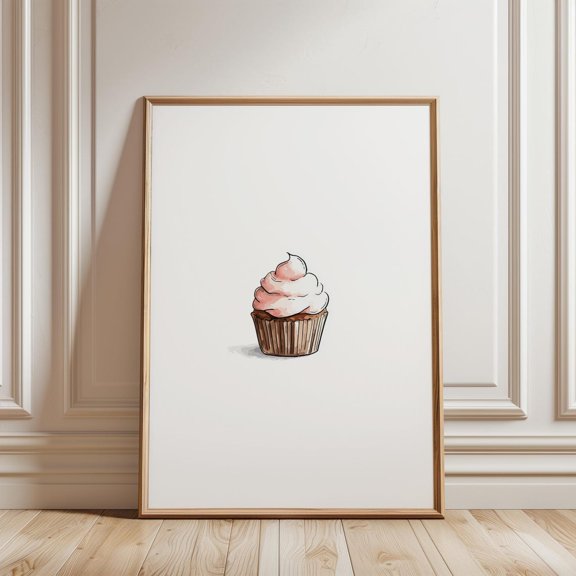 Minimal Pink Cupcake Sketch Sweet Dessert Wall Decor Simple Bakery Art Print, Unframed Paper Print