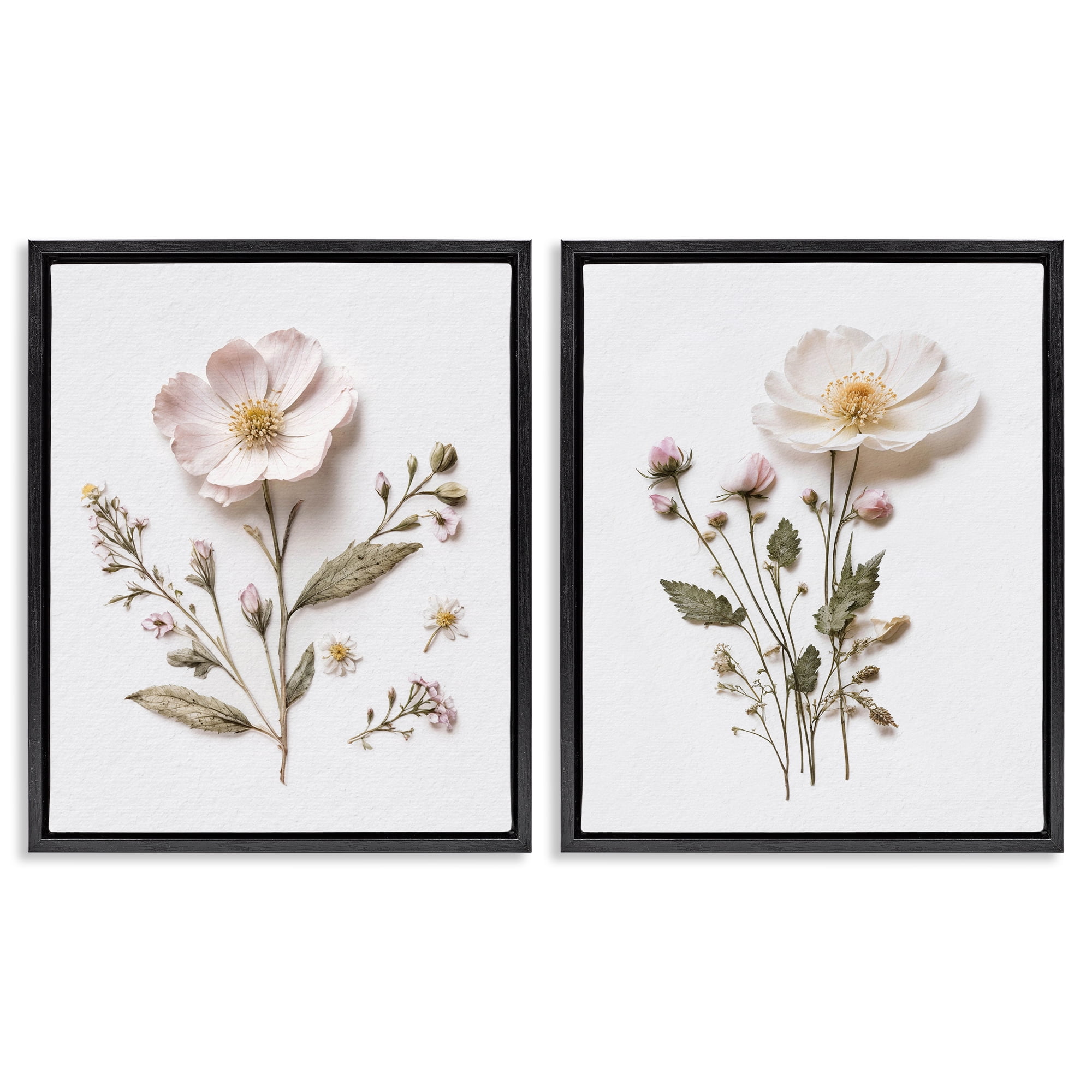 Minimal Pressed Flowers 2 Piece Black Framed Floater Canvas Set, design by Lettered and Lined